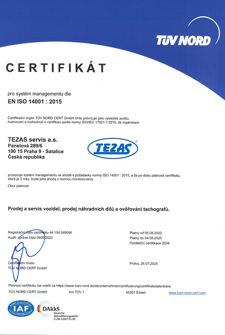 Certifikát EN ISO 14001 : 2015